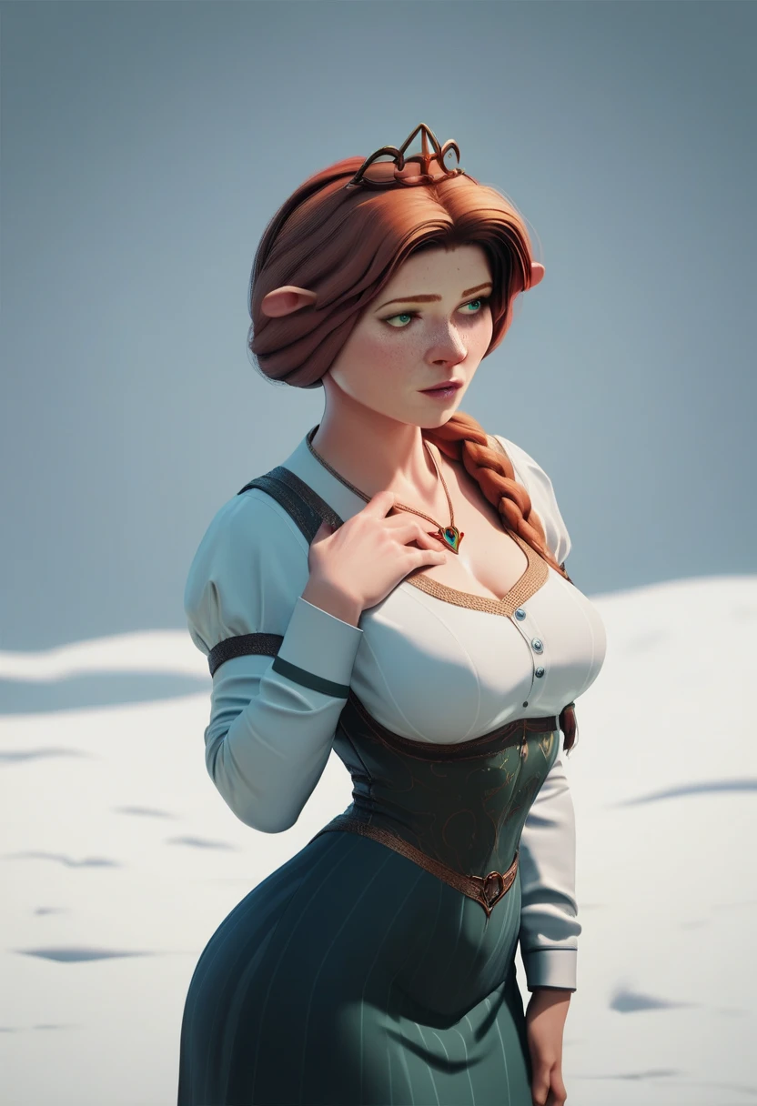 princess fiona. Wearing a sexy secretary outfit,  blouse and skirt. with media , sexy, Snow in the background 