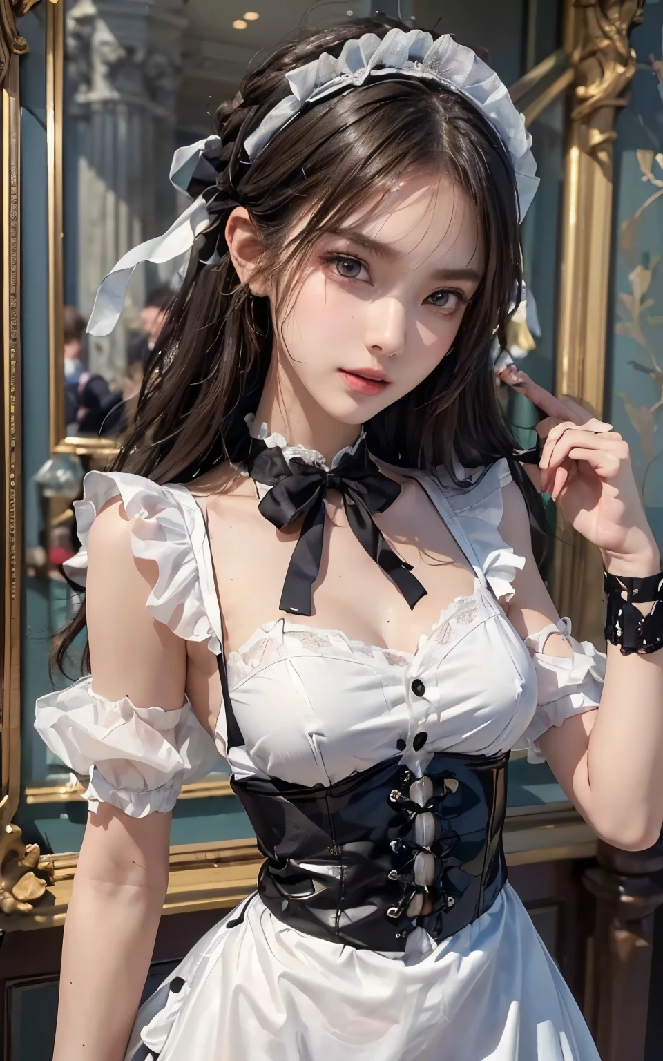 (Raw foto:1.2), ​masterpiece, in 8K, hight resolution, (Photorealsitic:1.4), hyperrealistic girl, extremely detailed eye and face, beatiful detailed eyes, Realistic face, hight resolution, ighly detailed, top-quality, ​masterpiece,  ighly detailed,, magnifica, mansion, top-quality, Light on the Face, 电影灯光, 20 years girl, (Smile:0.5), thighs thighs thighs thighs, Head dress, (maid clothes), a black ribbon, White Apron, puff sleeves, collars, a choker, Apron with detailed ruffles, Black Maid Costume, side-tie panty, panty peek