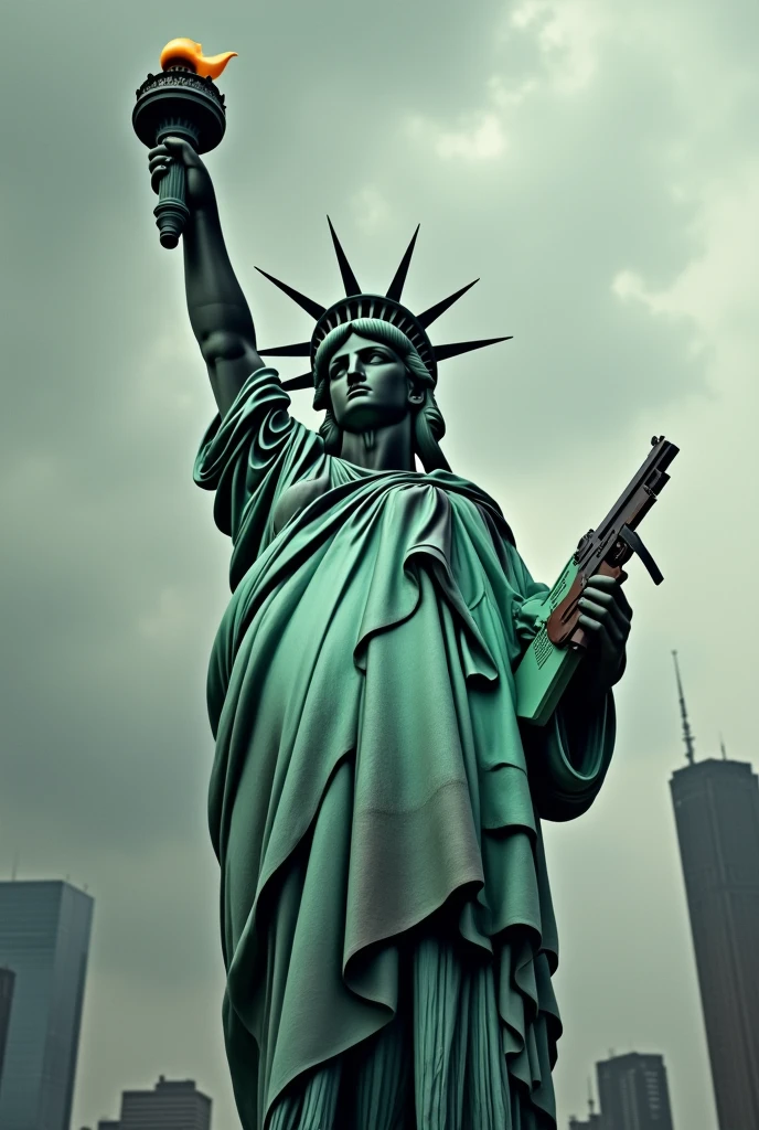 A statue of liberty holding a gun instead of a torch.