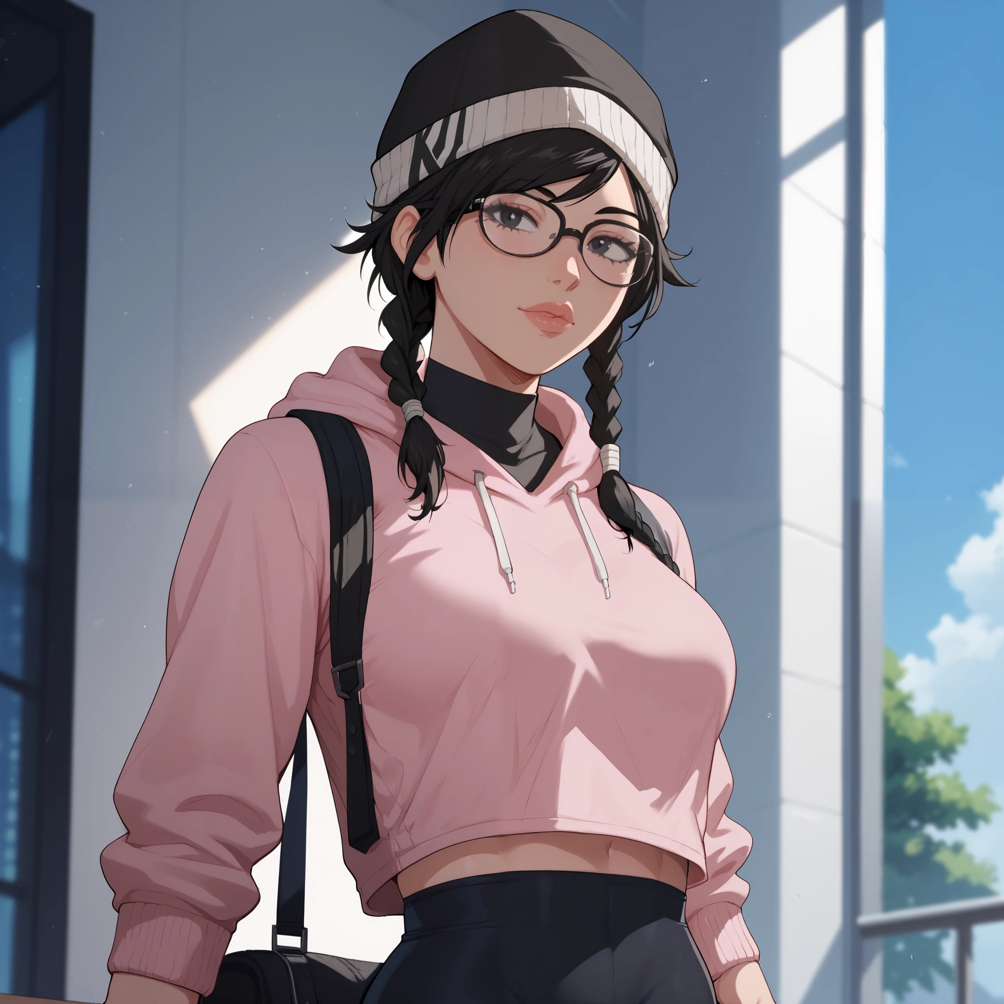 Dokkaebi, 1 woman, Asian, Alone, short hair, black hair, black eyes , glasses, twin braids, black hat, skin tight , glasses de armação Black, bag, glasses redondos, hat, coldre, legging, Black, pink sweatshirt, loose sweatshirt, academia, sexy,