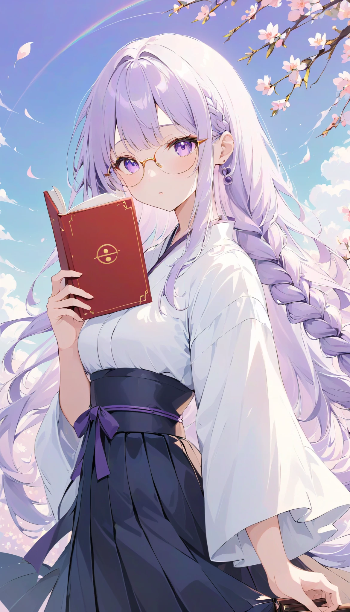  high definition ,  medium chest , holding books, half-closed eyes, light purple hair, very long hair, low-braided long hair, hakama, bespectacled,  eyes symbol ,  cute background,  anime style, from side