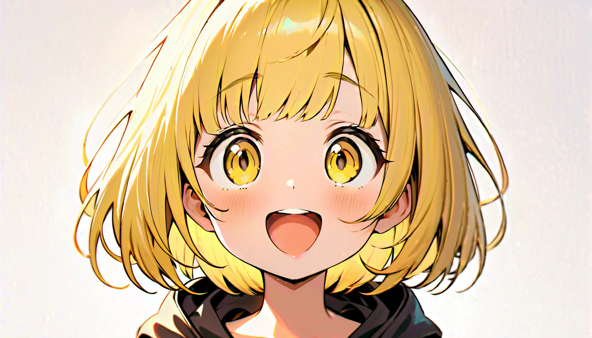 Yellow hair color,short hair,light brown eyes,chubbily ,huge breasts,whipped thighs,Yellow shirt,cat mouth,smile,Open mouth,open eye,double tooth,Taken from the viewpoint above, looking at viewer,upturned eyes,Street Background,SFW,perfect,high quality,faultless,
