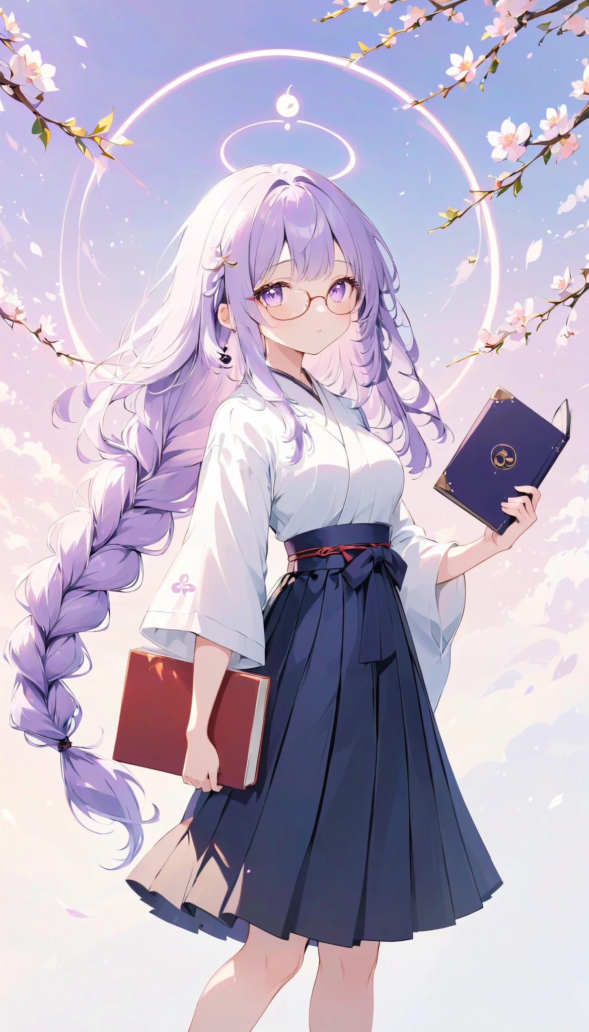  high definition ,  medium chest , holding books, half-closed eyes, light purple hair, very long hair, low-braided long hair, hakama, bespectacled,  eyes symbol ,  cute background,  anime style, whole body, from side