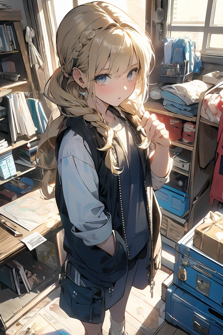 (from above:1.2,Best Quality),a girl , platinum color hair、masterpiece, highest quality, Very detailed, 16k, Ultra-high resolution, Cowboy Shot, One  girl, Detailed face, Perfect Fingers, Golden Eyes, Blonde, Braid, A vest with many pockets, Shorts, Exploring knife, Safari Hat, compass, telescope, map, A cluttered room with lots of small items, Organizing tools