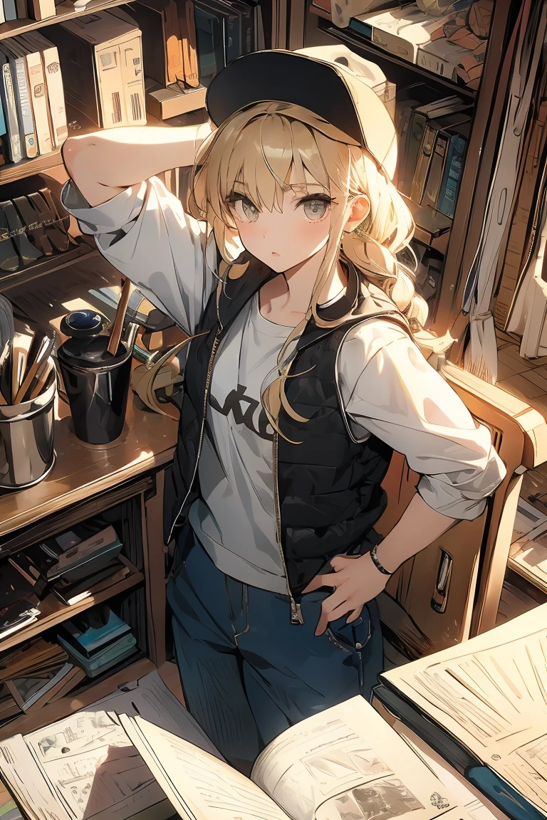 (from above:1.2,Best Quality),a girl , platinum color hair、masterpiece, highest quality, Very detailed, 16k, Ultra-high resolution, Cowboy Shot, One  girl, Detailed face, Perfect Fingers, Golden Eyes, Blonde, Braid, A vest with many pockets, Shorts, Exploring knife, Safari Hat, compass, telescope, map, A cluttered room with lots of small items, Organizing tools