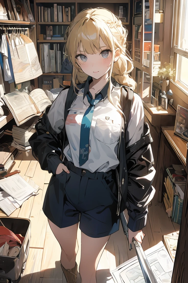 (from above:1.2,Best Quality),a girl , platinum color hair、masterpiece, highest quality, Very detailed, 16k, Ultra-high resolution, Cowboy Shot, One  girl, Detailed face, Perfect Fingers, Golden Eyes, Blonde, Braid, A vest with many pockets, Shorts, Exploring knife, Safari Hat, compass, telescope, map, A cluttered room with lots of small items, Organizing tools