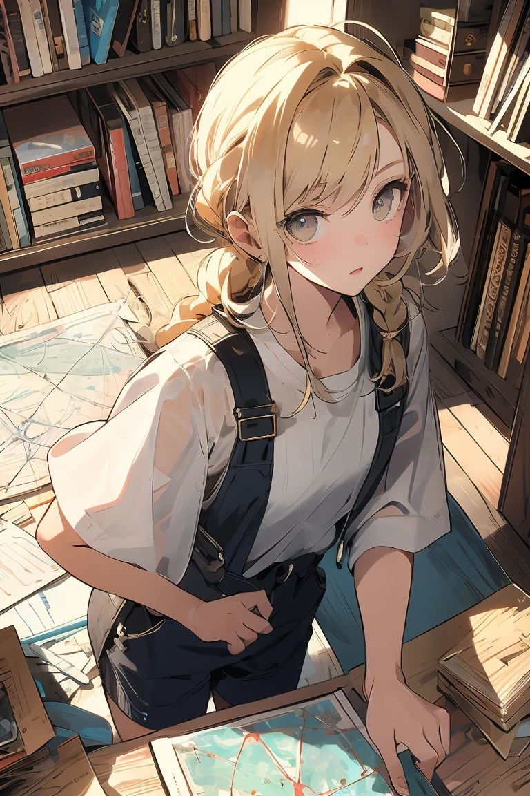 (from above:1.2,Best Quality),a girl , platinum color hair、masterpiece, highest quality, Very detailed, 16k, Ultra-high resolution, Cowboy Shot, One  girl, Detailed face, Perfect Fingers, Golden Eyes, Blonde, Braid, A vest with many pockets, Shorts, Exploring knife, Safari Hat, compass, telescope, map, A cluttered room with lots of small items, Organizing tools