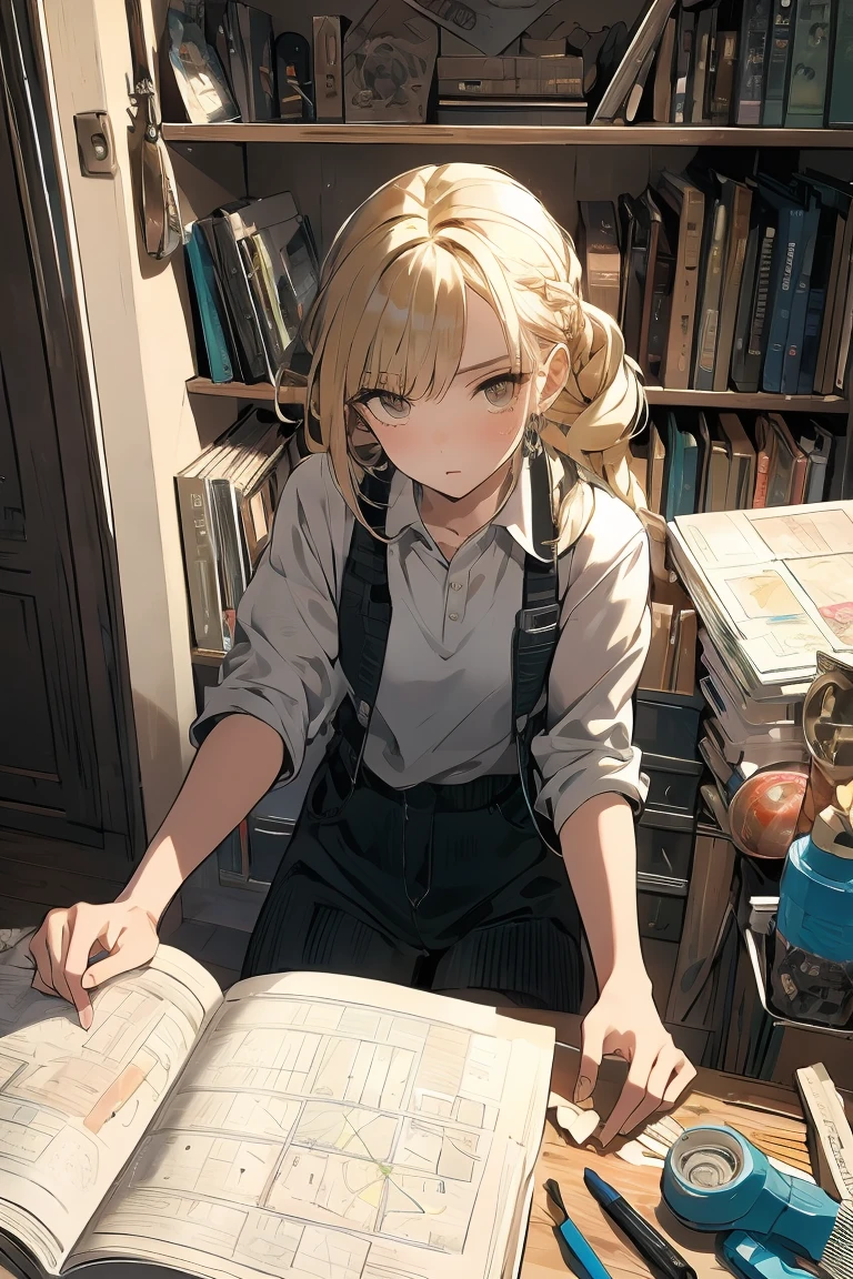 (from above:1.2,Best Quality),a girl , platinum color hair、masterpiece, highest quality, Very detailed, 16k, Ultra-high resolution, Cowboy Shot, One  girl, Detailed face, Perfect Fingers, Golden Eyes, Blonde, Braid, A vest with many pockets, Shorts, Exploring knife, Safari Hat, compass, telescope, map, A cluttered room with lots of small items, Organizing tools