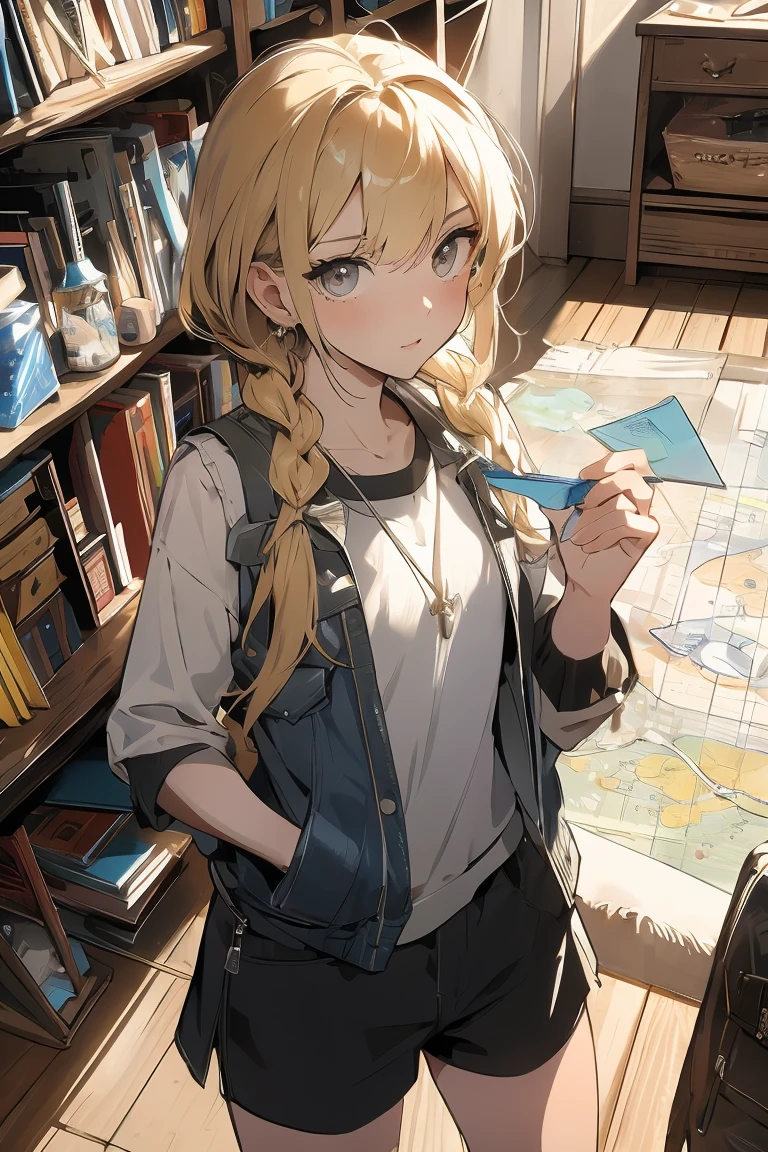 (from above:1.2,Best Quality),a girl , platinum color hair、masterpiece, highest quality, Very detailed, 16k, Ultra-high resolution, Cowboy Shot, One  girl, Detailed face, Perfect Fingers, Golden Eyes, Blonde, Braid, A vest with many pockets, Shorts, Exploring knife, Safari Hat, compass, telescope, map, A cluttered room with lots of small items, Organizing tools