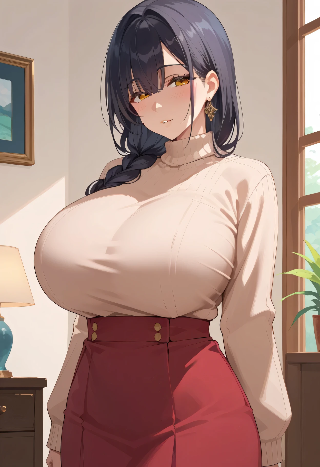 ( very detailed , 8k,  high image quality,  Real Pictures ,  absurd:1.2),  Japanese woman with a viewing angle of, 20s mature body ,  Tall,  beautiful character design,  long black hair,  beautifully detailed eye depiction ,  perfect face,  expressive eyes,  Brown Eyes , Sensual expression, ( sweater ,  skirt), ( huge breasts, 垂れた huge breasts:1.2), ( Thin Waist :1.1),  cowboy shot, In the living room