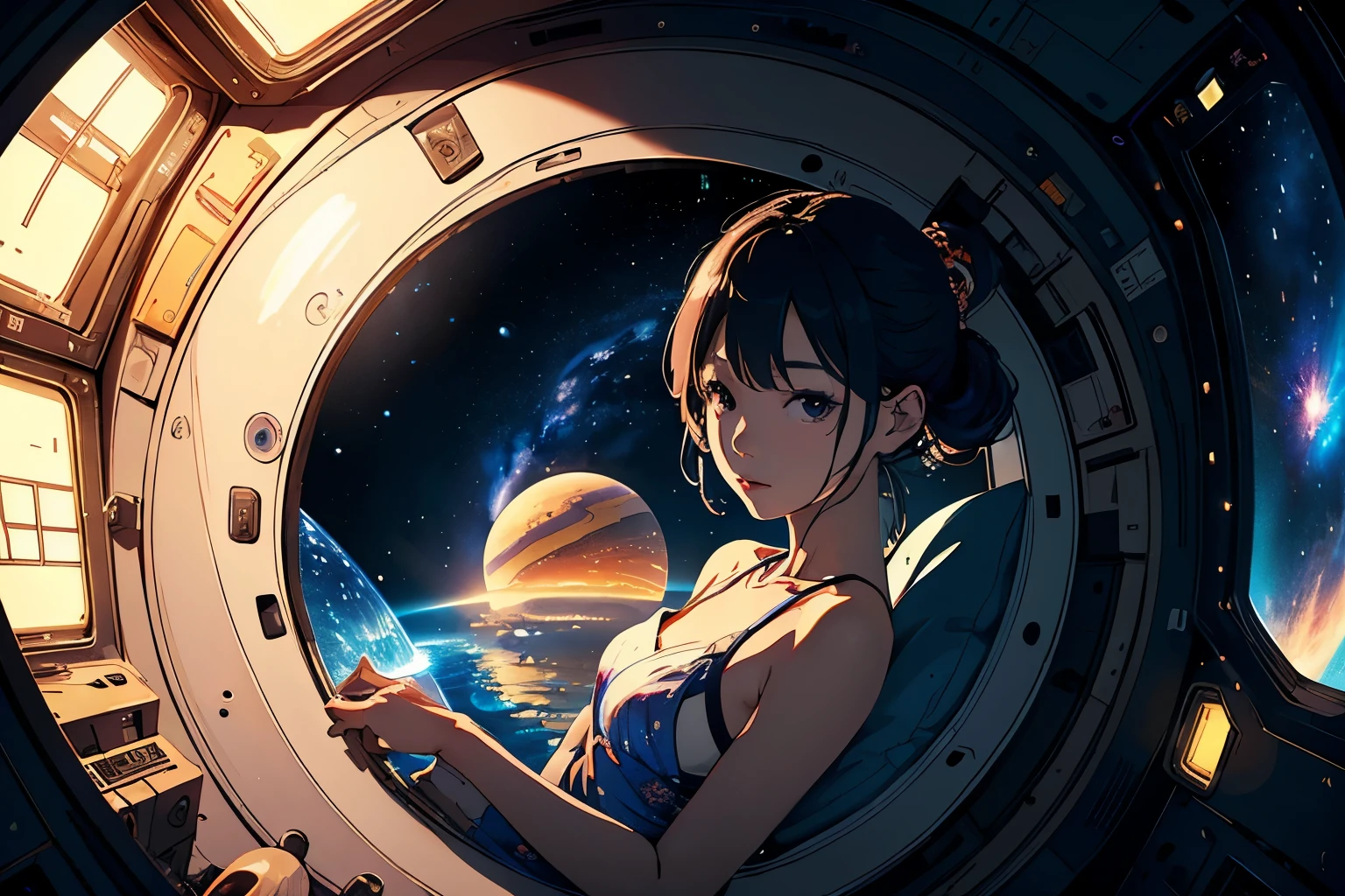 People in swimsuits in the pool inside the space colony々Please draw a picture of them having fun playing.。A close-up on one of the women、Also, please draw it so that the background looks like a space colony.。