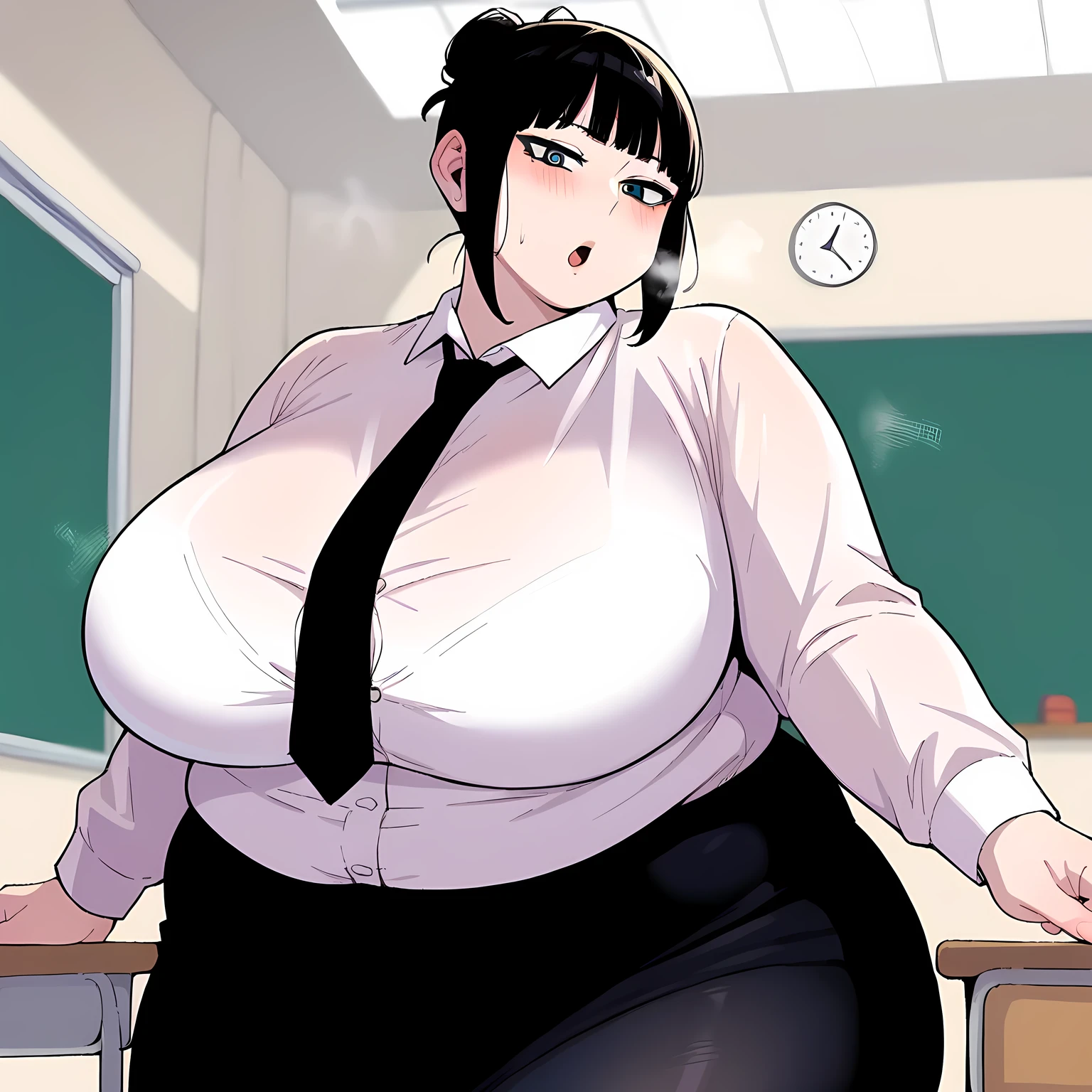 score_9, score_8_up, score_7_up, score_6_up, source_anime, rating_explicit, 1girl, solo, huge breasts, black hair, grey eyes, black eyes, medium hair, single hair bun, blunt bangs, sidelocks, black necktie, collared shirt, long sleeves, white shirt, pencil skirt, black skirt, black pantyhose, surprised, Narrow shoulders, heavy breathing, steaming body, classroom, indoors, looking at viewer fat, chubby, obese, gigantic arms and legs, large breasts open mouth, out of breath