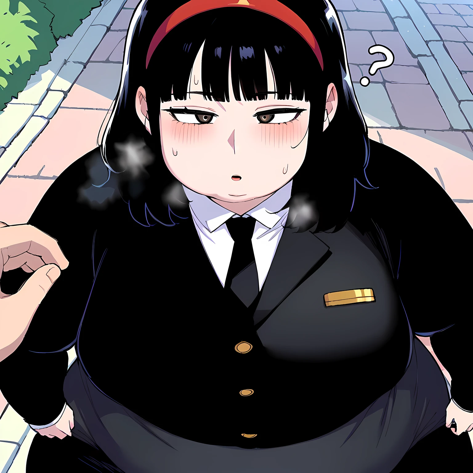 score_9, score_8_up, score_7_up, score_6_up, source_anime, rating_explicit, 1girl, solo, huge breasts, black hair, grey eyes, black eyes, medium hair, red hairband, blunt bangs, black necktie, black jacket, collared shirt, white shirt, pencil skirt, black skirt, black pantyhose, expressionless, Narrow shoulders, heavy breathing, steaming body, street, outdoors, looking at viewer swollen face, fat, chubby, obese, open mouth, out of breath, absurdres, highres icon, rating:General, confused, blush, {flustered}, nervous sweating, portrait, pov hands, hand on another's cheek, averting eyes, [looking away], straight-on, from above,  upper body, masterpiece, best quality, ultra-detailed, high resolution, 8K, detailed eyes,