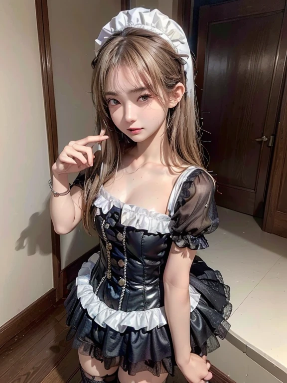 Accurate depiction with high resolution,(8K, Photorealistic, Raw photo, of the highest quality: 1.3), (1girl in), Super beautiful, (Realistic face), (boyish, Silver Color Berry Shorthair), Beautiful , Glare that captivates the viewer, Beautiful expression, Beautiful breasts, (Realistic skin), Be...Super high quality, super high definition, super detailed, masterpiece, 20years old, female, cute, perfect face, beautiful, nice body, gothic lolita clothes, gothic lolita fashion, frilly skirt, headdress, necklace, bracelet, knee-high socks, boots, double eyelids, tear bags, Detailed down to the fingers, photo-like description, indoors, dim indoor lighting, blonde hair, semi long, standing, whole body, composition that shows the whole body, smiling