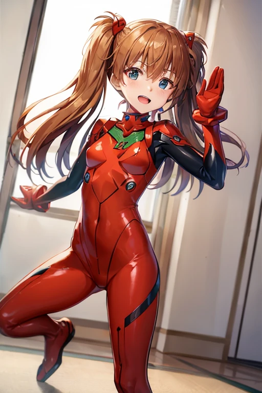 (( top quality)), ((masterpiece)), (be familiar with),  perfect face, indoor, bedroom,  watching viewers,
One woman,  Soryu Asuka Langley,
 open mouth,  with an ecstatic expression , blush, smile,
 small tits,  flat chested, Young girl, Lori,  s,  girl,
 long hair,  twin tails,
Leg spread,