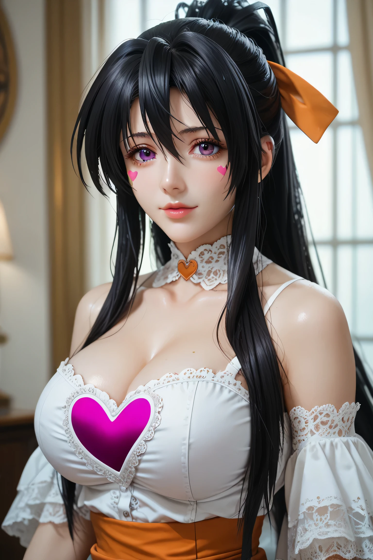 ( masterpiece , mejor calidad), 1 girl,2d, beautiful face,( long black hair ),( black hair)( black hair largo),( purple eyes),pesones with cold , HIGH QUALITY,ultra detailed ,himejima_akeno, collect,  long hair, orange ribbon in the hair, big breasts , heart shaped lingerie self adhesive stickers..