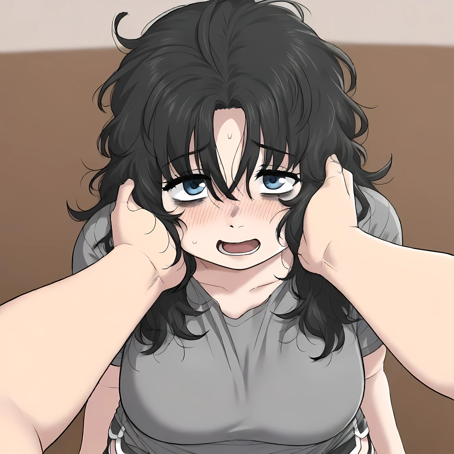 gye baeksun, looking at the viewer, long hair, gray shirt, dolphin shorts, short shorts, black hair, messy hair, breasts, large breasts, blue eyes, bags under eyes, nervous, from side,  swollen face, fat, chubby, obese, open mouth, out of breath, absurdres, highres icon, rating:General, confused, blush, {flustered}, nervous sweating, portrait, pov hands, hand on another's cheek, averting eyes, [looking away], straight-on, from above,  upper body, masterpiece, best quality, ultra-detailed, high resolution, 8K, 