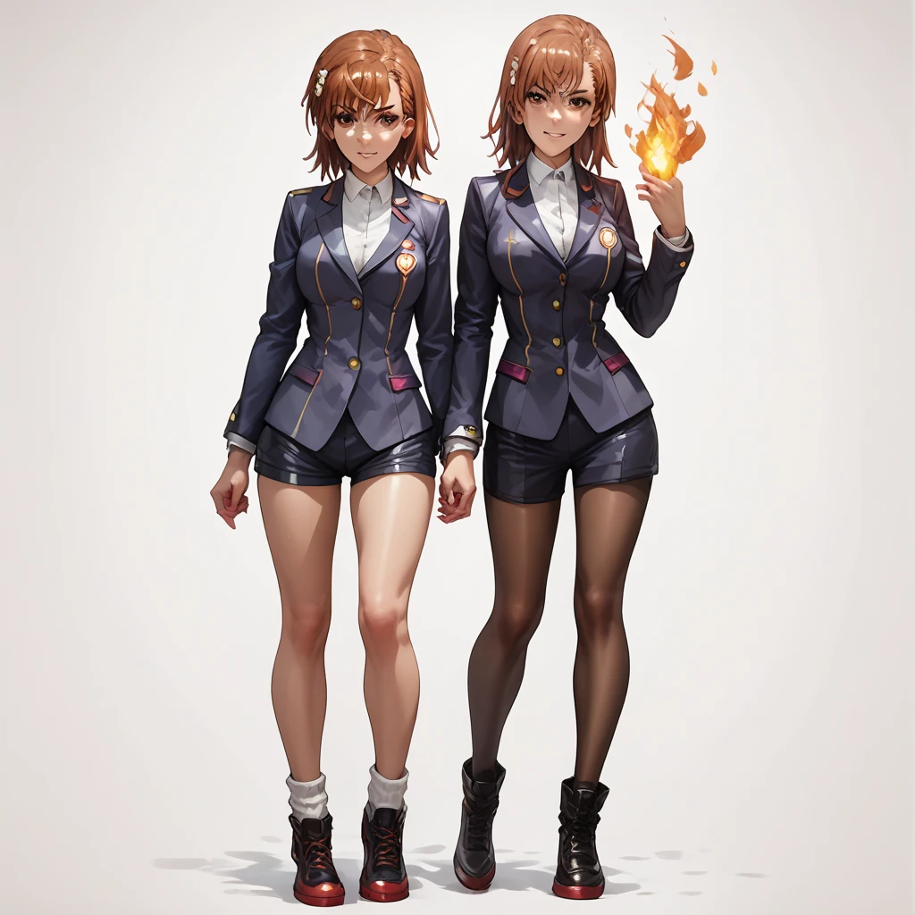 Top quality, full body, standing, from front,looking at viewer, simple background,misaka mikoto,  blazer uniform、,large breasts,Flame in the right hand, cold air in the left hand