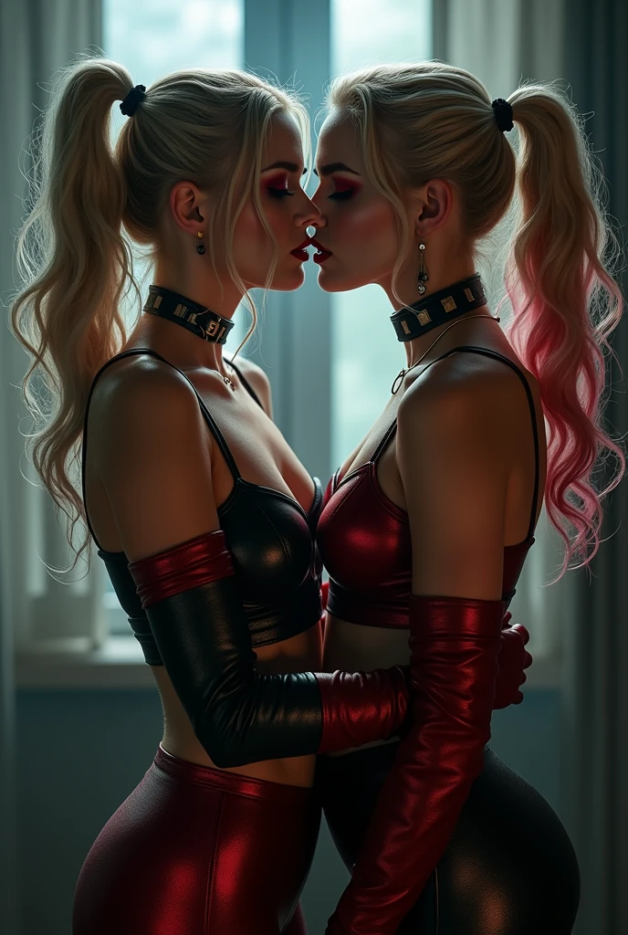  Harley Quinn and Poison Ivey stands by a large floor to ceiling window, Kissing, Harleys her back is to the viewer, she wears a thong, she looks over her shoulder at viewer seductive look on her face,  red and black latex costume. her hair is in pigtails, blue eyes, night time, red light from  a neon sign outside lights the the room, Large windows, view of Gotham city outside, white skin, black harlequin mask over her eyes.
Poison Ivy, long red hair, green latex outfit, 