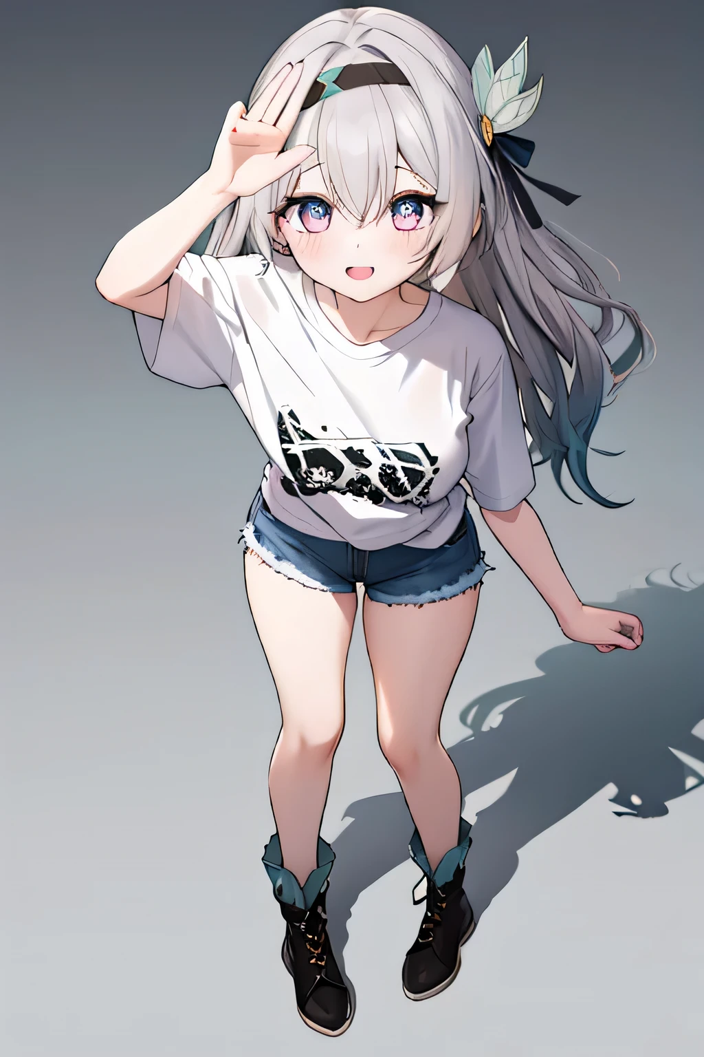 score_9, score_8_up, score_7_up, white background, simple background, BREAK source_anime, BREAK (1girl, solo, solo focus), fireflydef, grey hair, long hair, tucked t-shirt, short denim shorts, happy, looking at viewer, double v, hair ornament, from above, canvas shoes, oversized_clothes, show full body