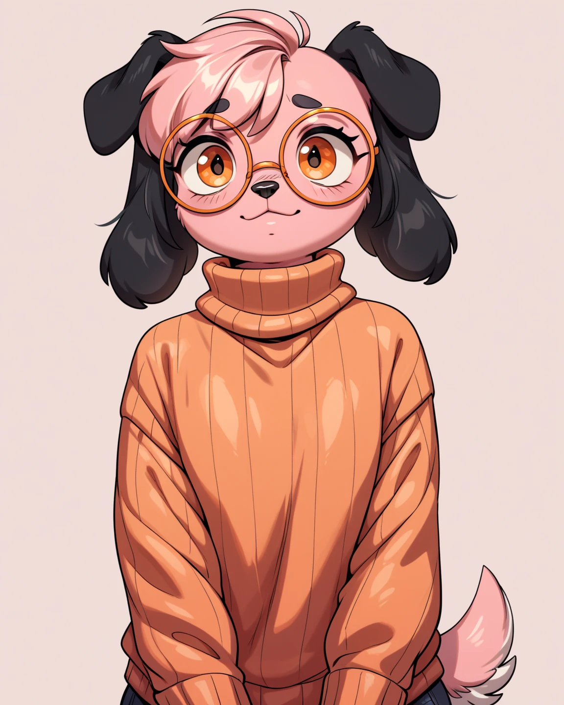 Dog, furry, dog floppy ears, dog black ears, femboy, pink body, orange eyes, with round glasses, with a sweater