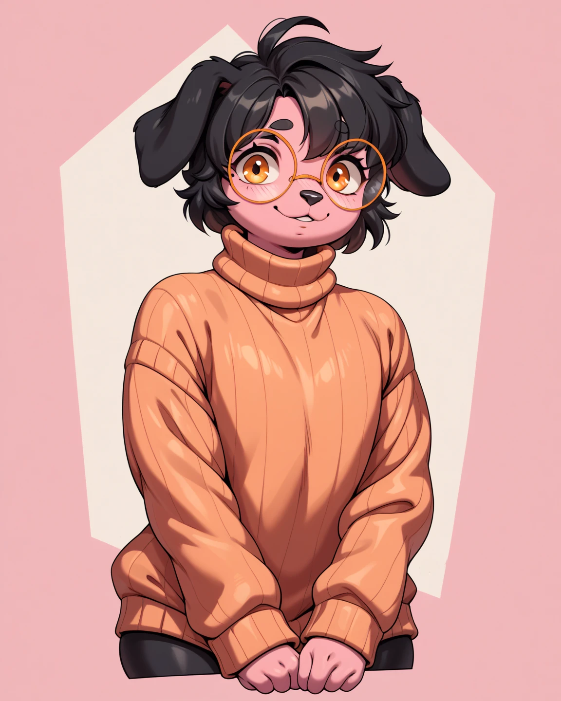 Dog, furry, dog floppy ears, dog black ears, femboy, pink body, orange eyes, with round glasses, with a sweater