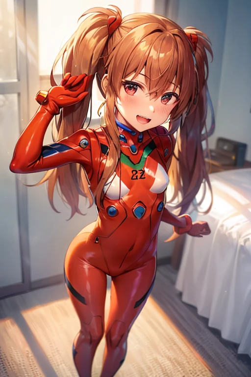 (( top quality)), ((masterpiece)), (be familiar with),  perfect face, indoor, bedroom,  watching viewers,
One woman,  Soryu Asuka Langley,
 open mouth,  with an ecstatic expression , blush, smile,
 small tits,  flat chested, Young girl, Lori,  s,  girl,
 long hair,  twin tails,
Leg spread,