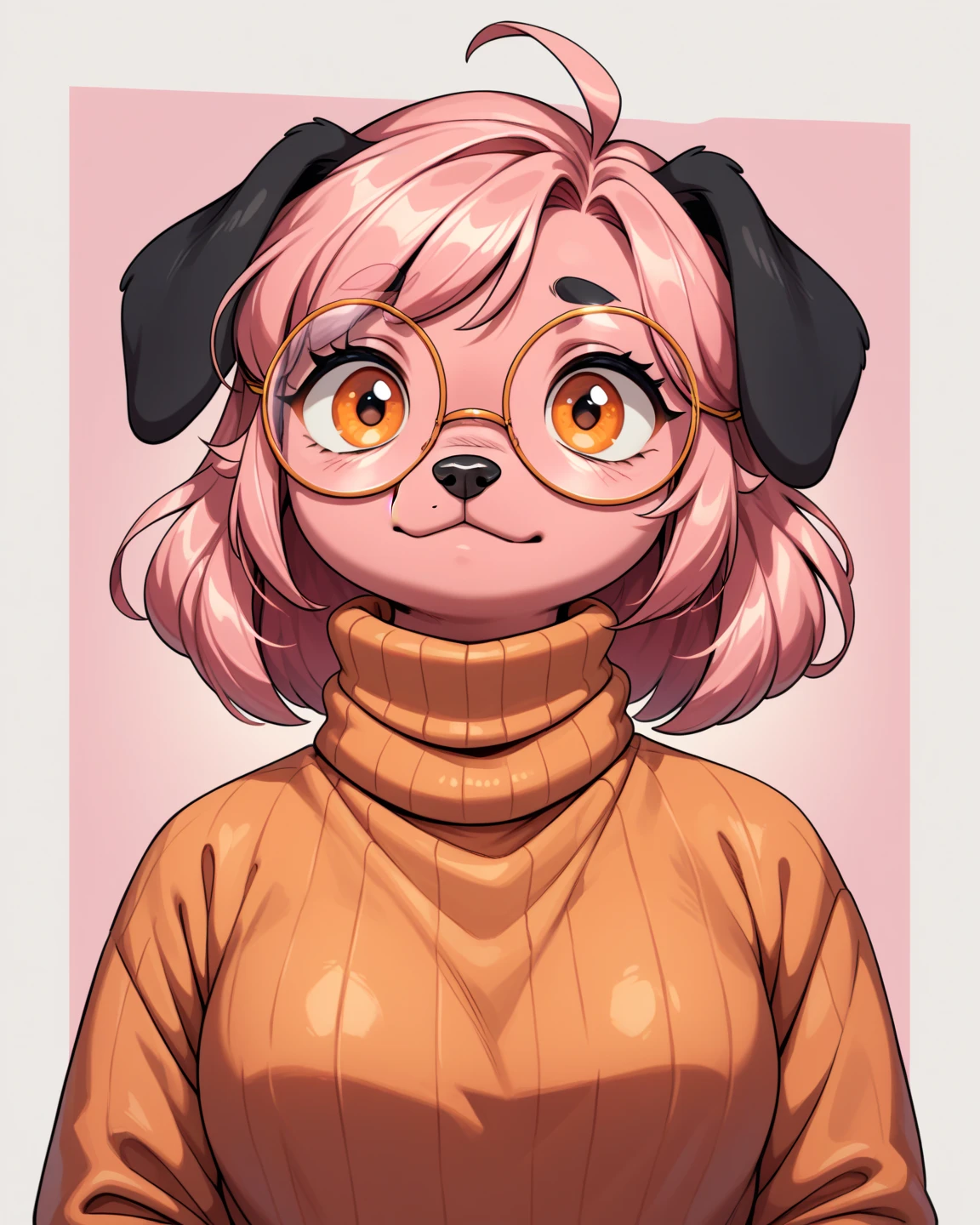 Dog, furry, dog floppy ears, dog black ears, pink body, orange eyes, with round glasses, with a sweater, pink hair