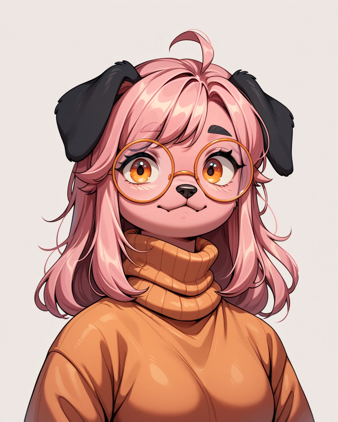 Dog, furry, dog floppy ears, dog black ears, pink body, orange eyes, with round glasses, with a sweater, pink hair