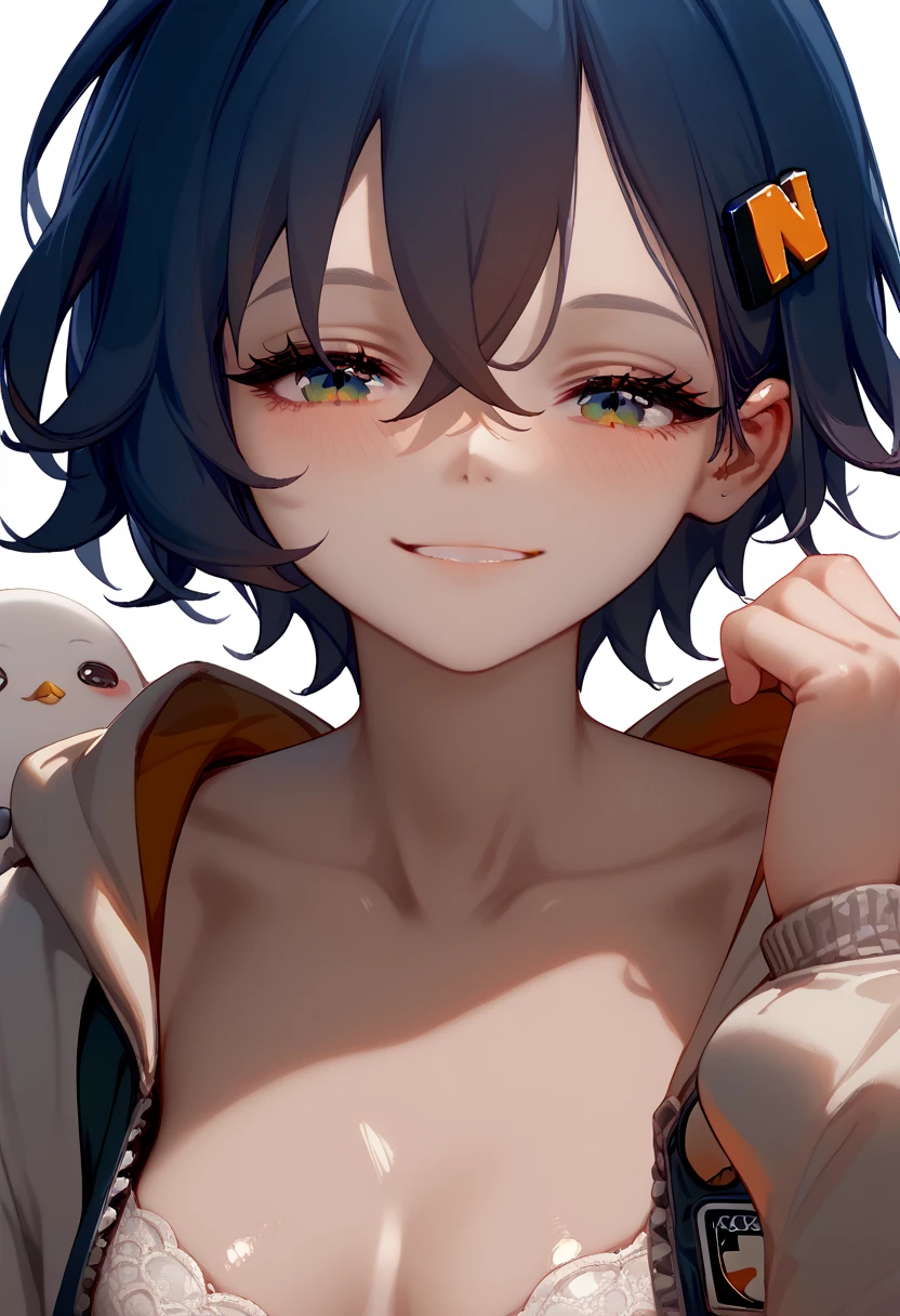 shiny skin, 1girl, Belle, Zenless Zone Zero, short hair, dark blue hair, half-closed eyes, blush, smile, breasts, togeu extended, medium breasts, solo, looking at viewer, collarbone, close-up,