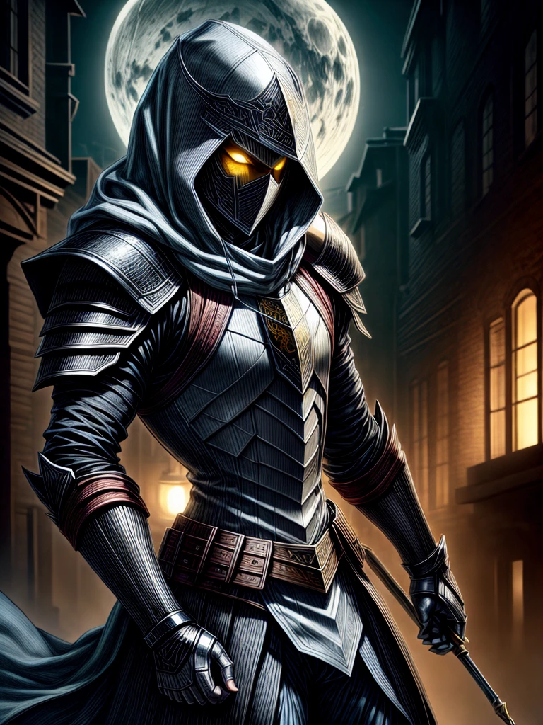 male assassin,Hooded yellow-eyed,With iron mask, white armor , with a medieval city in the moonlight in the background.