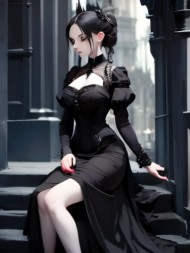 gothic woman in black dress sitting on steps with handbag, victorian gothic ta fashion, gothic style, gothic aesthetic, victorian goth, gothic fashion, gothic girl, wearing a gothic dress, gothic!!, japanese gothic, dreamy gothic girl, ominous gothic aesthetic, gothic influence, gothic art style, wearing gothic accessories, an elegant gothic princess, gothic clothes, gothic maiden, victorian gothic