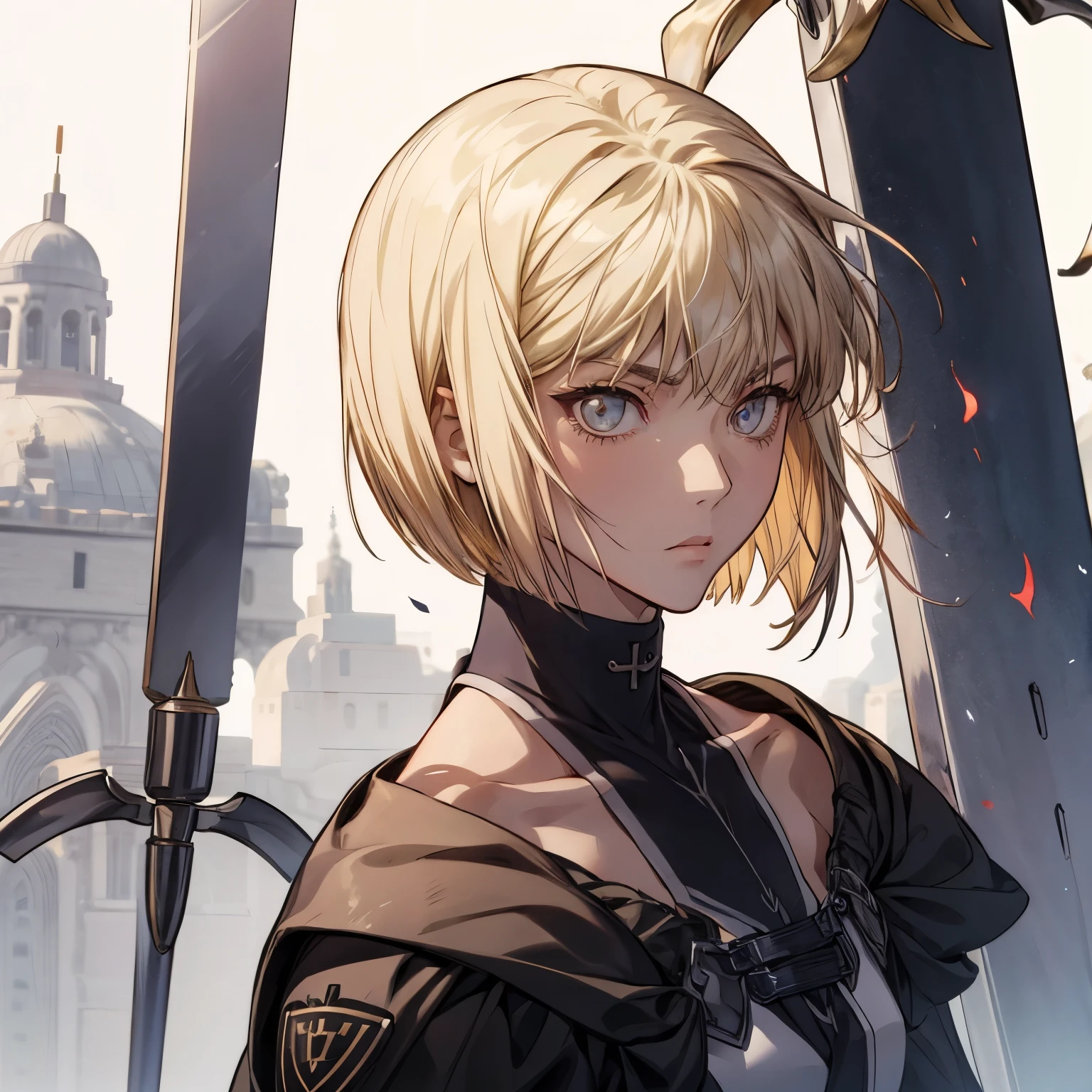    top quality,   Front View ,         looking at camera,       giant sword    ,        cold eyes,Solemn,(1 person),      Details,        Short bob from behind    , whole body, 1 girl in uniform, blonde hair, Silver Eyes