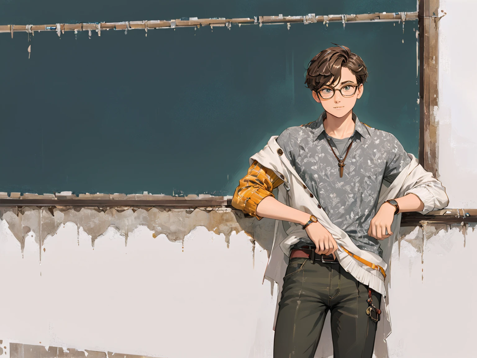  Character Concept Design ,Half Body,1 Boy，Wearing glasses，Short hair，young