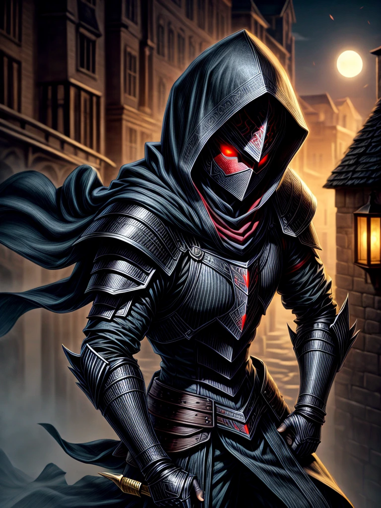 male assassin,Red-eyed hoodie,With iron mask,black armor, with a medieval city in the moonlight in the background.