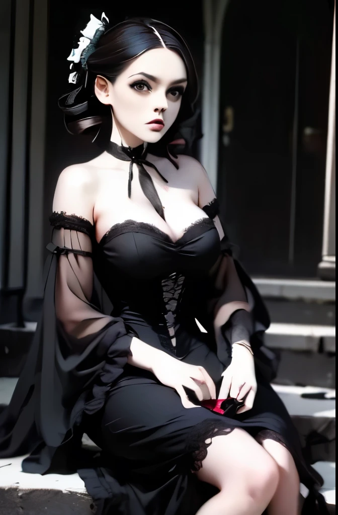 (high quality: 1.3), Cinematic shots, masterpiece, (Sharp focus: 1.5), (Realistic: 1.3), Medium portrait ((Big Breasts)) (Beautiful young vampire woman, Pale skin, Gothic, Still proud、Brave, Straight black short bob hair, Dark look, Detailed lace design、Wearing a very finely crafted dark tunic, Dark atmosphere, Sculpting shapes with sharp chiaroscuro), It's night, (Highly detailed skin), (Detailed face), Detailed Background, Dim lighting, dusk lighting, Volumetric lighting, Intricate details, Ultra-high resolution,Very beautiful woman、Slender women、(Detailed face)、Realistic Skin、((Delicate photo)),(Girl Masterpiece RAW Photo Details:1.25), (最high quality:1.6), (Ultra-high resolution:1.5), (Realistic:1.75),8k resolution, ,50mm,Absurd, Ultra-detailed,Cinema Lighting、