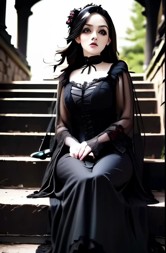Melissa, a 20-year-old Korean model woman, huge boobs, curvy body, long straight hair, black hair, gothic style, Beautiful witch, black gothic dress, looking up, looking at camera, Full Body Frame, super detailed photography, 4k concept art volumetric, real,
