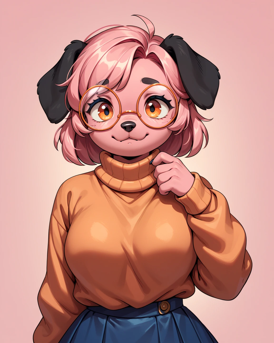 Dog, furry, dog floppy ears, dog black ears, pink body, orange eyes, with round glasses, with a sweater, pink hair, half body, blue skirt