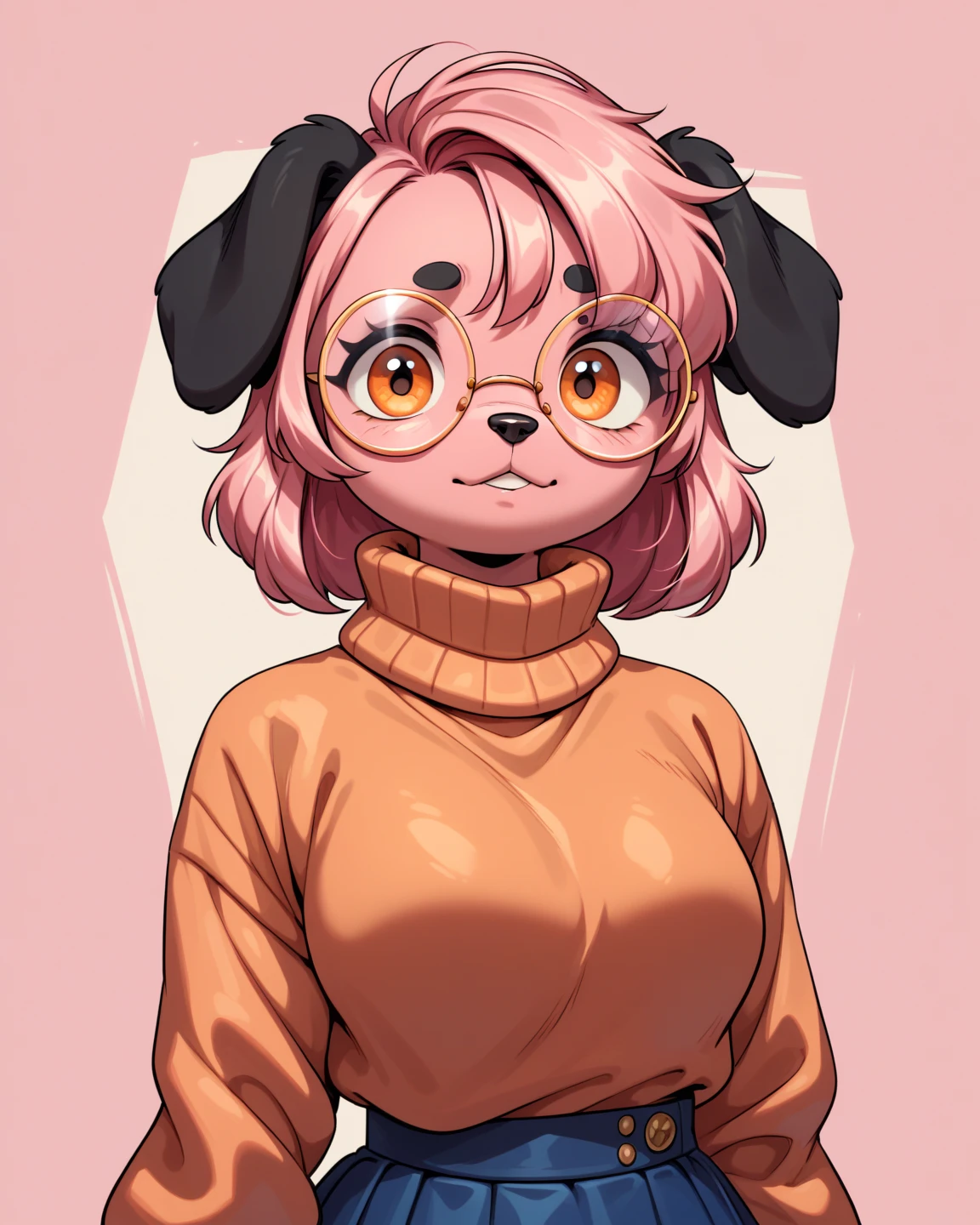 Dog, furry, dog floppy ears, dog black ears, pink body, orange eyes, with round glasses, with a sweater, pink hair, half body, blue skirt