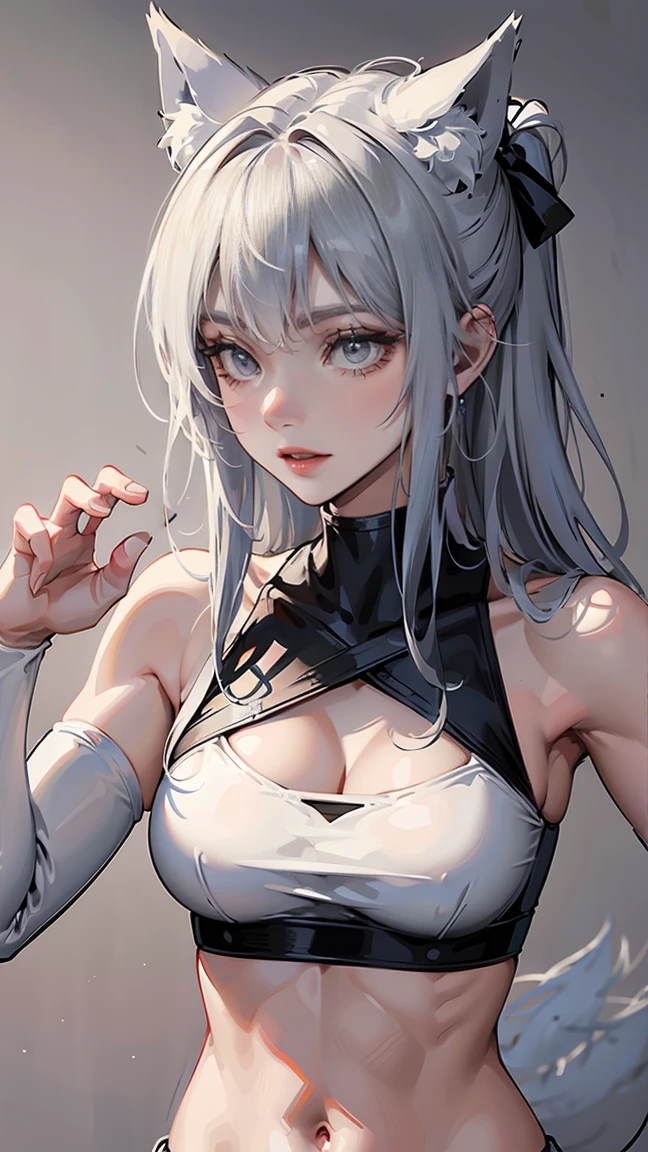  top quality、masterpiece、8k、 realistic 、超 high definition 、 Very Delicate and Beautiful 、 high definition 、 fantasy、Wolf's Anthropomorphic Girl 、Muscle Girl、Muscle Girl、Thick muscles、 six pack 、 perfect female body、Gray Hair、 unkempt long hair、White wolf ears、white wolf tail 、 Big Breasts 、Big Breasts、Full body emphasis、 simple background、Fighter