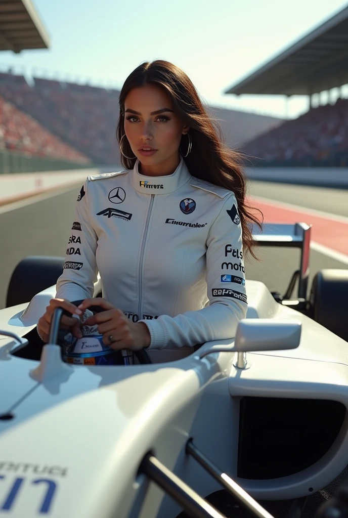 russian milf, perfect and clear eyes, sunglasses, dressed as a formula 1 racer, standing near her race car, medium sized tits and ass, candid photography, realistic, detailed skin texture, vibrant colours, great exposure, cinematic, Photorealistic:1.4, UHD