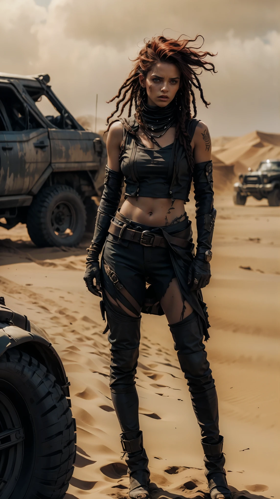 A hyperrealistic image at a high angle of: ((A sexy pale-skinned woman, with dreadlocks and green eyes, wears sexy, post-apocalyptic clothes in the style of Mad Max, torn and with a large neckline, scrap metal black armor, wear dreadlocks with black and metallic thorn beads)), (Long messy red hair, dirty), with gothic makeup, wide black running eye shadow, standing in the desert on the dunes, proud, Pride, canosa, athletic and scarred body, disheveled red hair with dreadlocks and black metal beads and spikes. she is standing next to her battle car like Furiosa from the Mad Max saga, auto robusto oxidado y dirty lleno de picos y armas, desolate desert landscape. She is standing walking through the dunes of the post-apocalyptic desert, raytraced, wind, desolate and desert landscape, (Aesthetics and atmosphere:1.2), can, annoyed, vengeful, glowing red eyes like flames，Wide shot,  full body. (raw photo, mejor calidad), ( realistic , photo- realistic :1.3),  Masterpiece, an extremely perfect and beautiful fully tattooed body, extremely detailed pale body, Best quality score, ultra dynamic pose, close up, high view, desertic and dark atmosphere, hate pose, fist clenched in anger,  decertic dunes, fist clenched in anger, barbed wire.