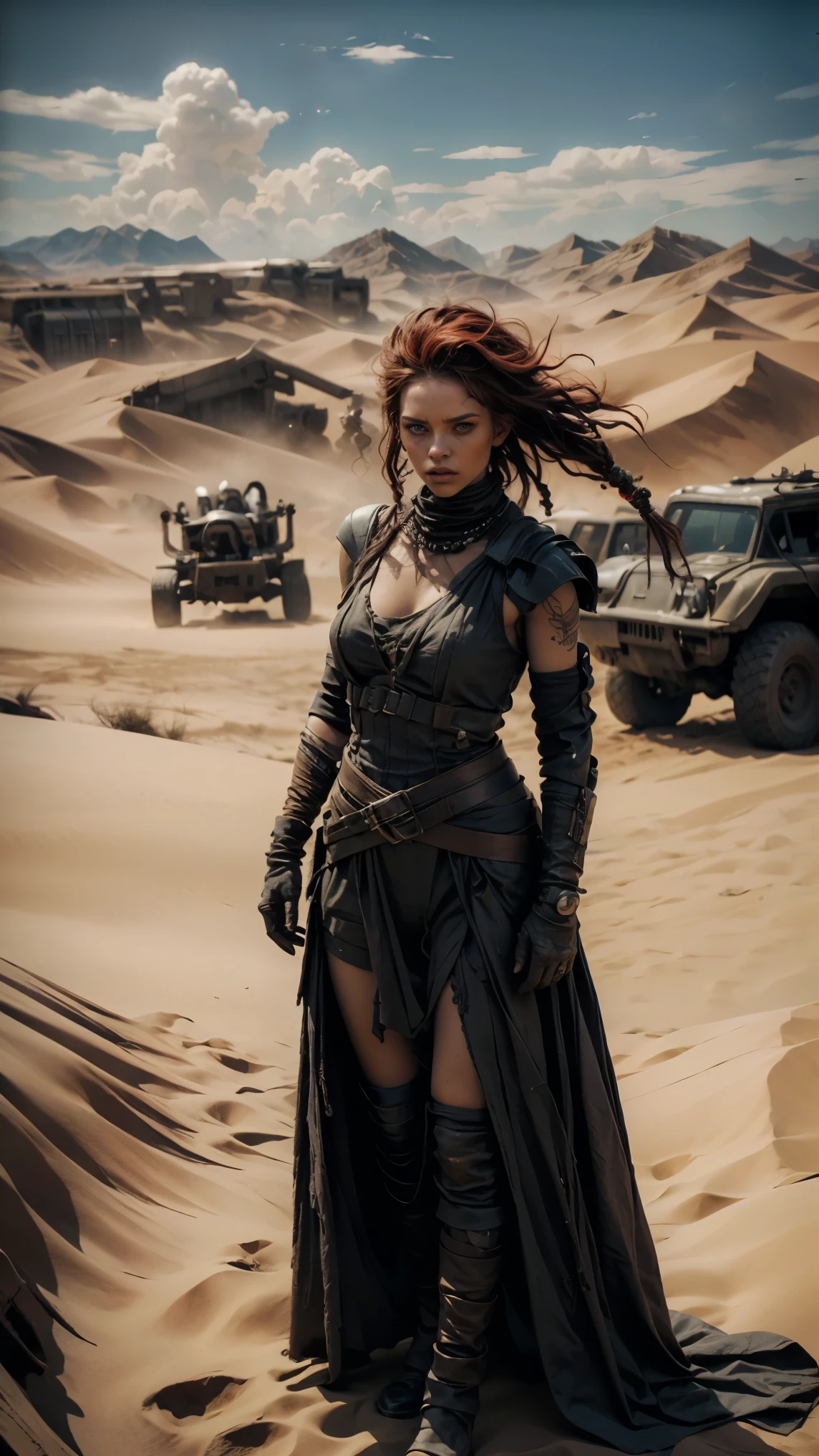 A hyperrealistic image at a high angle of: ((A sexy pale-skinned woman, with dreadlocks and green eyes, wears sexy, post-apocalyptic clothes in the style of Mad Max, torn and with a large neckline, scrap metal black armor, wear dreadlocks with black and metallic thorn beads)), (Long messy red hair, dirty), with gothic makeup, wide black running eye shadow, standing in the desert on the dunes, proud, Pride, canosa, athletic and scarred body, disheveled red hair with dreadlocks and black metal beads and spikes. she is standing next to her battle car like Furiosa from the Mad Max saga, auto robusto oxidado y dirty lleno de picos y armas, desolate desert landscape. She is standing walking through the dunes of the post-apocalyptic desert, raytraced, wind, desolate and desert landscape, (Aesthetics and atmosphere:1.2), can, annoyed, vengeful, glowing red eyes like flames，Wide shot,  full body. (raw photo, mejor calidad), ( realistic , photo- realistic :1.3),  Masterpiece, an extremely perfect and beautiful fully tattooed body, extremely detailed pale body, Best quality score, ultra dynamic pose, close up, high view, desertic and dark atmosphere, hate pose, fist clenched in anger,  decertic dunes, fist clenched in anger, barbed wire.