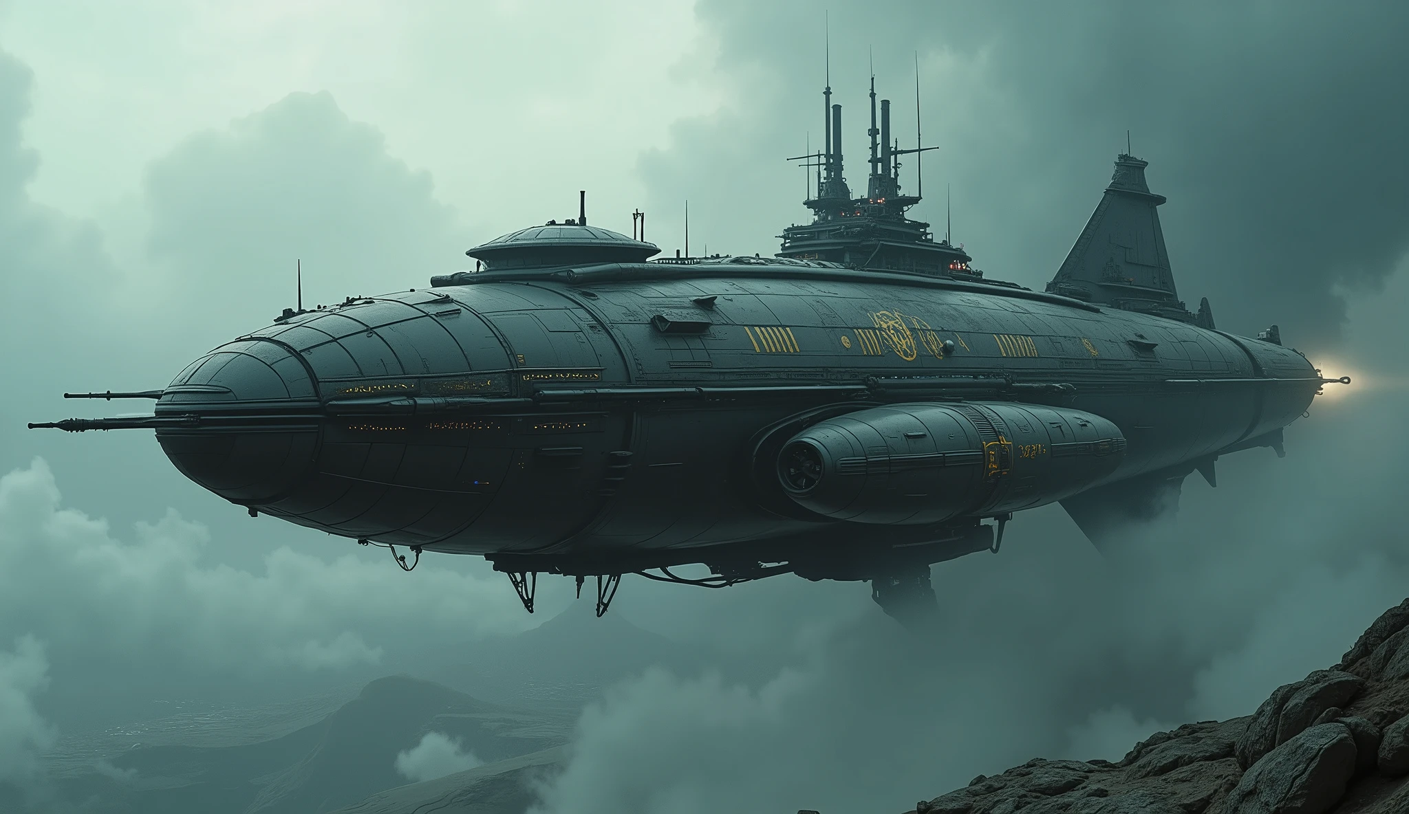 Wide view, high angle looking down countryside landscape downsideshot, futuristic, Sci-fi cinematic scene. Dramatic storming sky background. Twin body-Giant Airship, A pair of 2 cylindrical body, each with a long body connected in central. The cylinders rotate in opposite directions to stabilize orientation and reduce gyroscopic effects. Armored  Airfortress flying through, The twin fuselage, forged from dark gunmetal alloy. The twin wingspan propellers both side of the airship, with guns. wandering through, Golden runes and cybernectic line decorate, Grimmdark, mechanical. (Ultra-realistic, 32k, Masterpiece, High Quality, Detailed Realistic Background, Official Art, Realistic Lighting, filmfotos, film grain, reversal film photography).