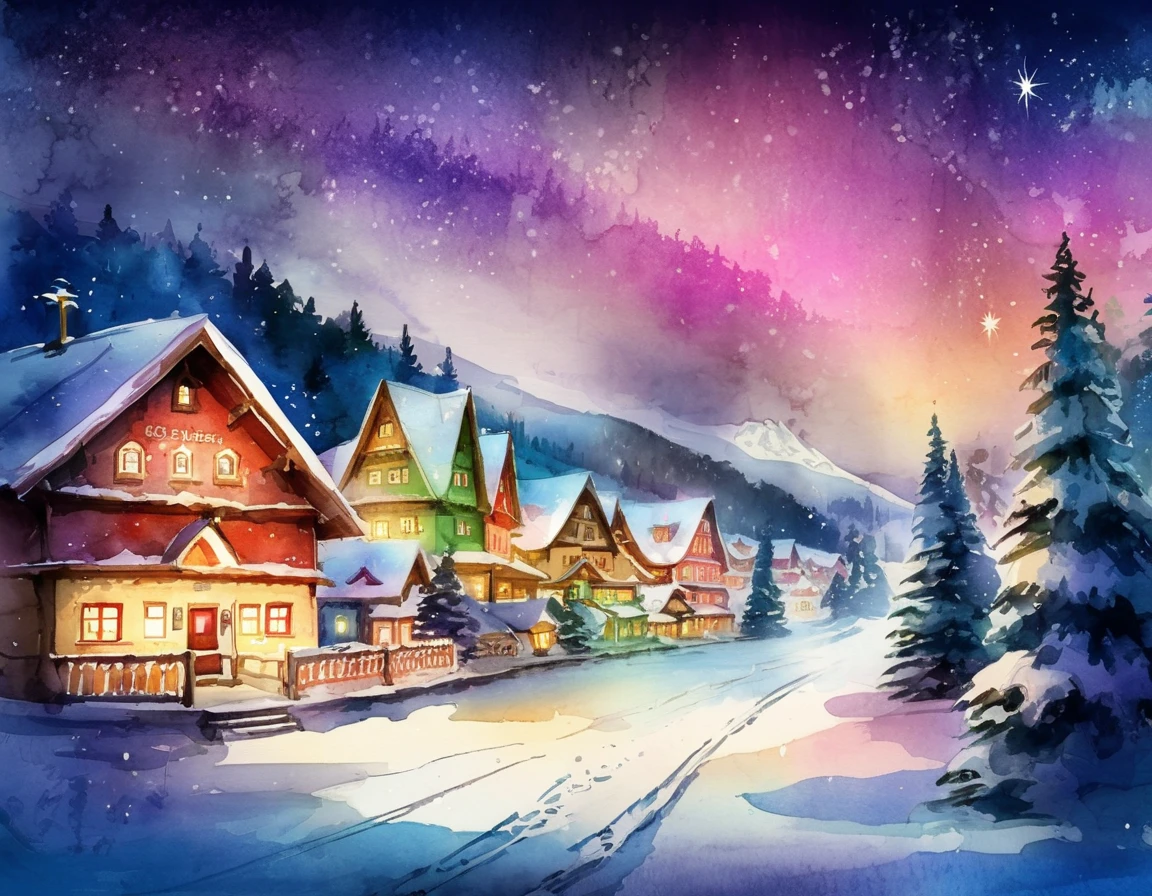 Watercolor Style,  Santa Claus Village on a Winter Night ,
 Christmas tree, shining snow,  Santa Claus House,  Colourful Illuminations, White Snow, Warm Light, Stars in the sky, Snowy Path 