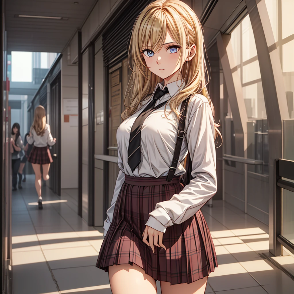 ((masterpiece,best quality)), highres, extremely detailed 8K wallpaper, depth_of_field, best shadow, (Colorful),(Delicate eyes and face), nice hand, Perfect hands, (no lighting), Ray tracing, BREAK (1girl), (very long hair), (blonde hair), (straight bangs), blue eyes, medium breasts, bangs, calmed, BREAK, standing, BREAK, Cowboy Shots and knee, school corriror, school hallway, sharp eyes, miniskirt, (solo), wide hips, centered, schoolgirl uniform, (thick thights), standing