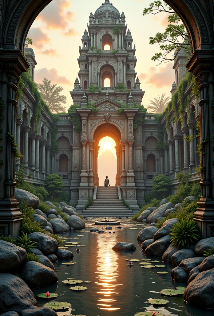 In low angle looking up shot, medium close-up view. A hyper-detailed 2D illustrator art wallpaper, fairy tales, Grimmdark, epic contrast painting. Ancient ruin, Indian-style architecture tower, located on  hill, intricately carved stones, Sunset orange and pink hue painting on it. ornate stone, moss-covered, vines, tranquil water pool, water lilies, floating flowers, serene reflection, ambient lighting, warm sunlight, golden glow, magical luminescence, hidden carvings, ethereal atmosphere, mysterious glow, soft halation, photorealistic, hyperdetailed textures, sharp focus, harmony, tranquility, whimsical design, fantastical elements, serene ambiance, cozy lighting, dynamic composition, ambient occlusion, award-winning concept art, maximalist style, realistic details, tranquil serenity, timeless wonder.
masterpiece blends ultra-realistic details with rich textures and atmospheric realism, rendered in stunning 32k resolution, ensuring a cinematic and immersive viewing experience. A truly high-quality, official-art-style composition that embodies power, artistry