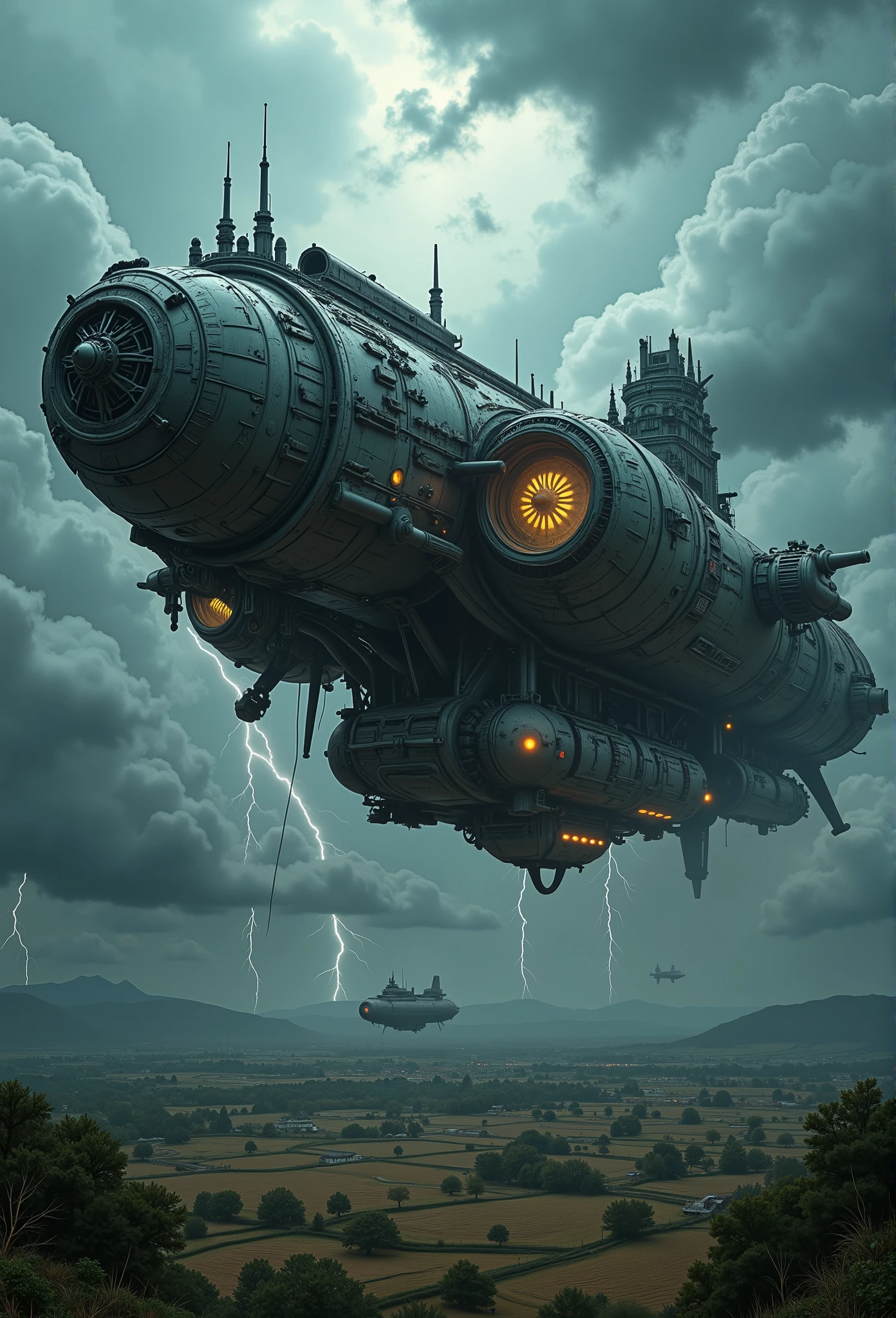 
A wide, high-angle perspective showcases a futuristic double-body airship soaring through a dramatic sky, farmland below. This twin-body giant airship consists of two massive cylindrical fuselages, each constructed from dark gunmetal alloy, their surfaces adorned with glowing golden runes and intricate cybernetic patterns. The two cylindrical bodies are connected by a central reinforced carriage, which houses command centers, living quarters, and key operational facilities.

Each cylindrical body rotates in opposite directions, a sophisticated engineering design to stabilize orientation and counter gyroscopic forces. The twin wingspan propellers flank both sides of the airship, each equipped with formidable weaponry and precision engines, blending Grimdark aesthetics with advanced mechanical functionality.

Beneath the airship, armored plating and mechanical components reveal its formidable nature, blending Gothic-inspired design with futuristic sci-fi elements. Its journey through the stormy skies is both ominous and majestic, with lightning illuminating the airship's intricate details and the dark clouds enhancing its dramatic silhouette.

This mechanical marvel, a flying fortress in the sky, embodies the fusion of industrial ingenuity and artistic elegance, creating an awe-inspiring, cinematic scene. (Ultra-realistic, 32k, Masterpiece, High Quality, Detailed Realistic Background, Official Art, Realistic Lighting, filmfotos, film grain, reversal film photography).

