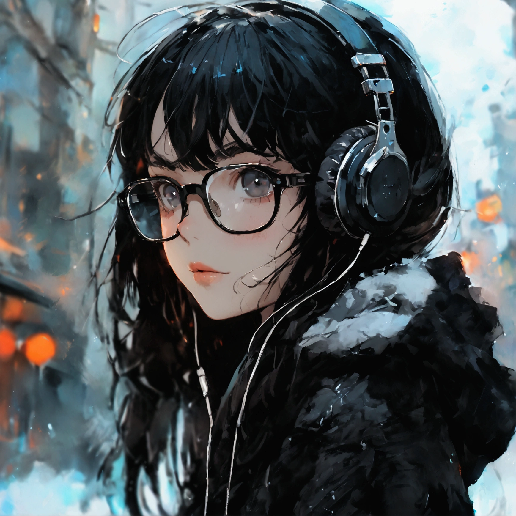 high quality, 1 girl, long black hair, wear glasses, all black hoodie, black eyes, wear headphones