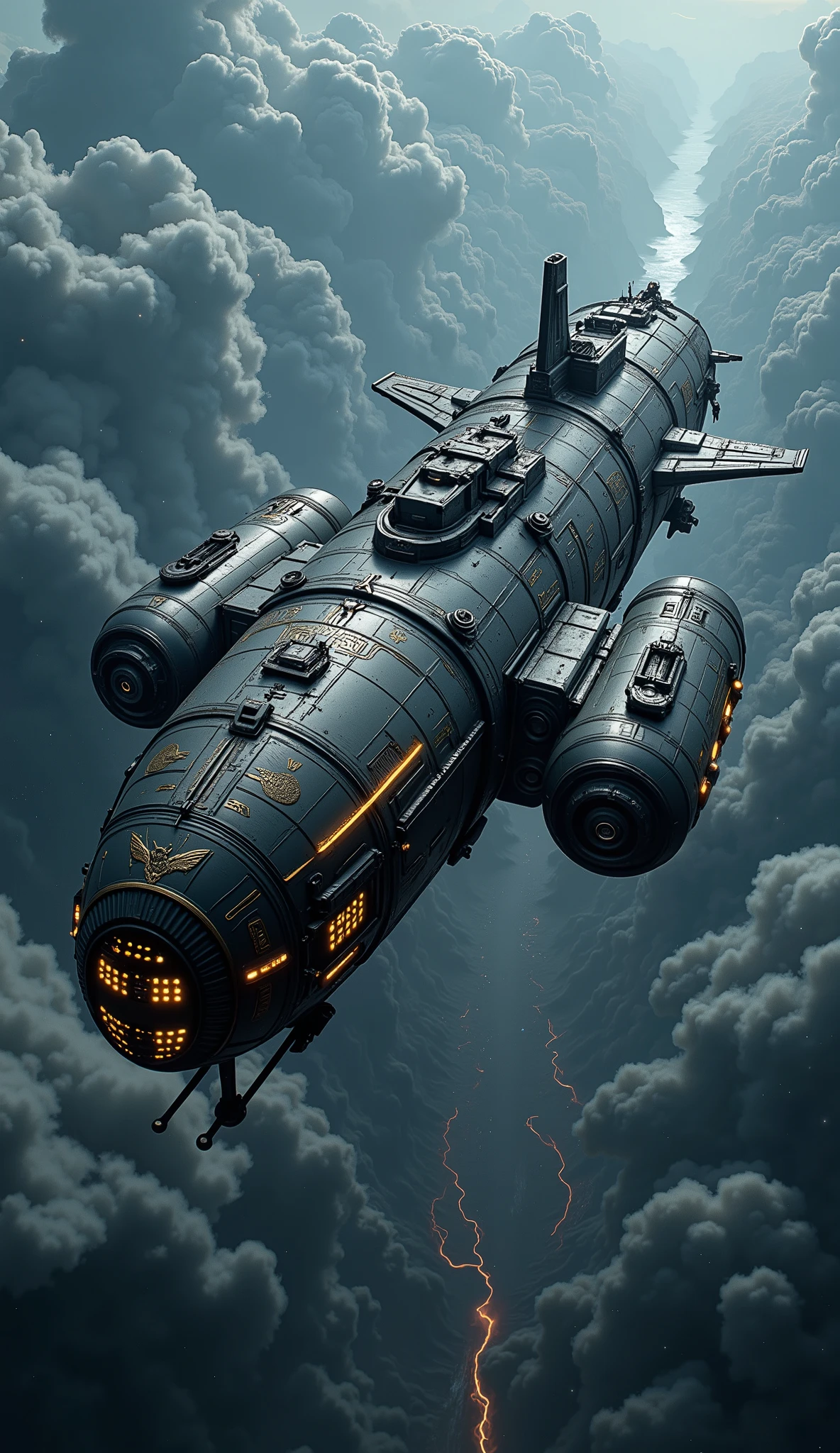 
A wide, high-angle perspective showcases a futuristic double-body airship soaring through a  empty cosmos starsky,curvy Earth below. This twin-body giant airship consists of two massive cylindrical fuselages, each constructed from dark gunmetal alloy, their surfaces adorned with glowing golden runes and intricate cybernetic patterns. The two cylindrical bodies are connected by a central reinforced carriage, which houses command centers, living quarters, and key operational facilities.

Each cylindrical body rotates in opposite directions, a sophisticated engineering design to stabilize orientation and counter gyroscopic forces. The twin wingspan propellers flank both sides of the airship, each equipped with formidable weaponry and precision engines, blending Grimdark aesthetics with advanced mechanical functionality.

Beneath the airship, armored plating and mechanical components reveal its formidable nature, blending Gothic-inspired design with futuristic sci-fi elements. Its journey through the stormy skies is both ominous and majestic, with lightning illuminating the airship's intricate details and the dark clouds enhancing its dramatic silhouette.

This mechanical marvel, a flying fortress in the sky, embodies the fusion of industrial ingenuity and artistic elegance, creating an awe-inspiring, cinematic scene. (Ultra-realistic, 32k, Masterpiece, High Quality, Detailed Realistic Background, Official Art, Realistic Lighting, filmfotos, film grain, reversal film photography).

